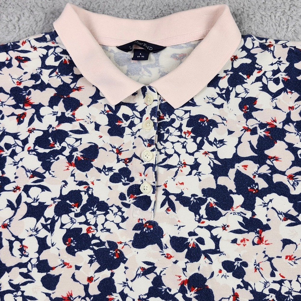 Lands' End Polo Shirt Womens L 14-16 Pink Floral Short Sleeve Stretch Cotton - Picture 4 of 10